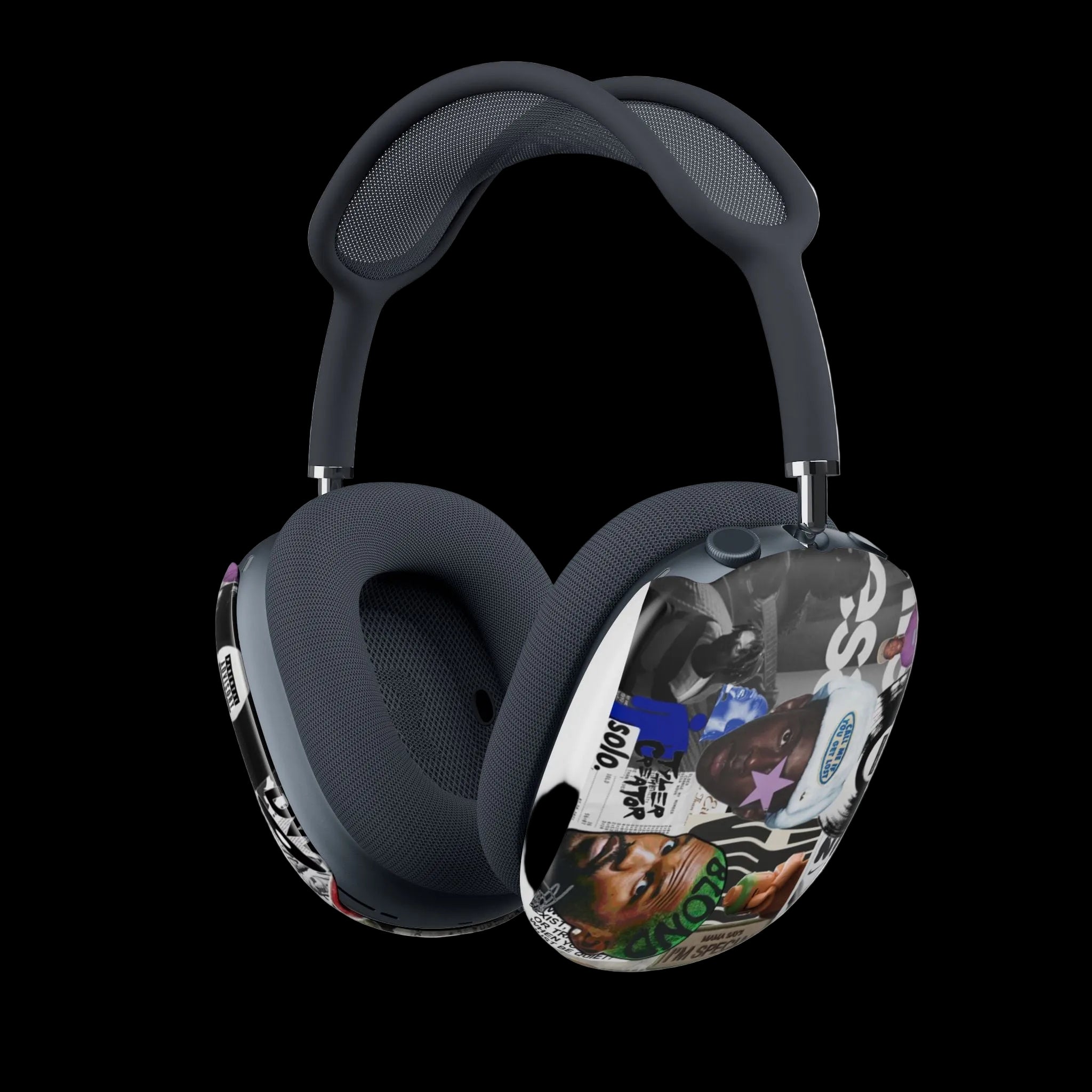 Pair of over-ear headphones with a colorful design on the headband and ear cups.