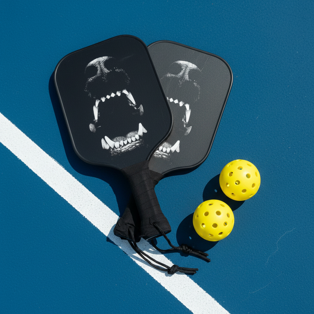 Aggressive Dog Skull Pickleball Paddle Set — Black Jaw Design Kit